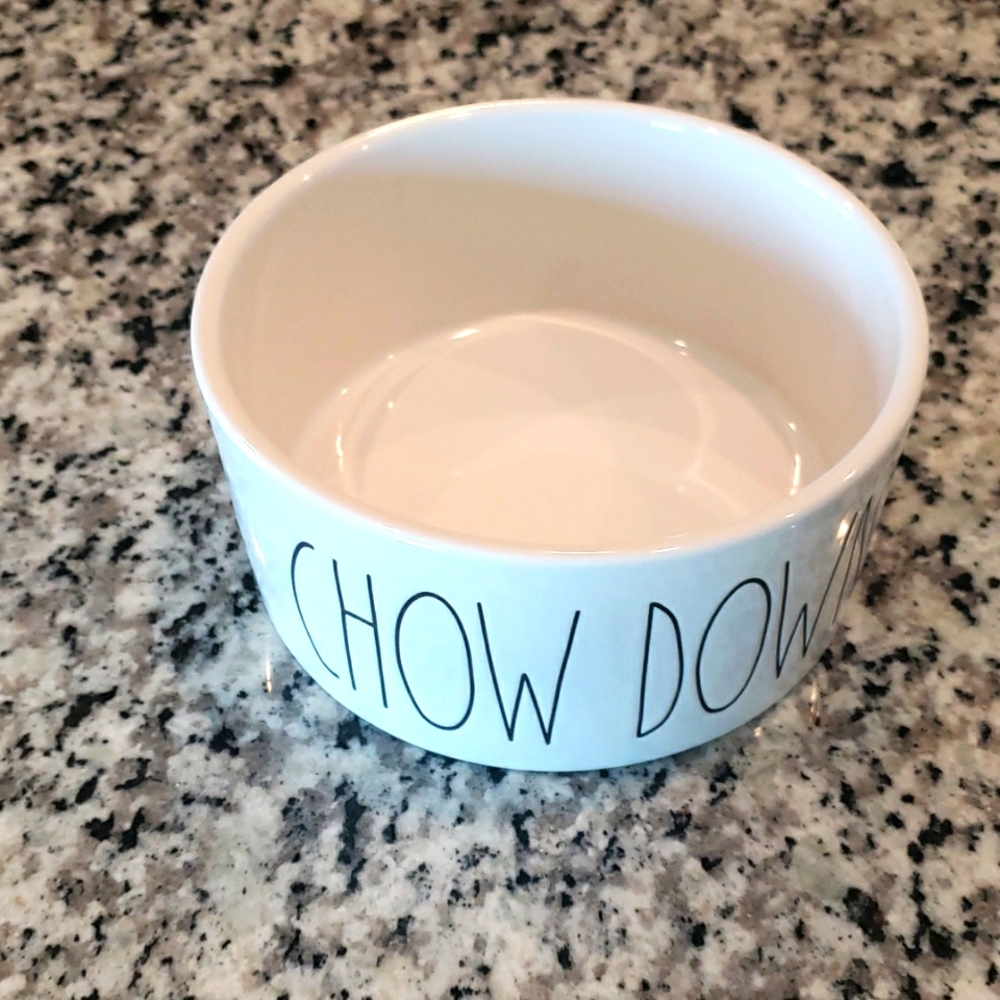 Rae Dunn ceramic pet feeding bowl.
